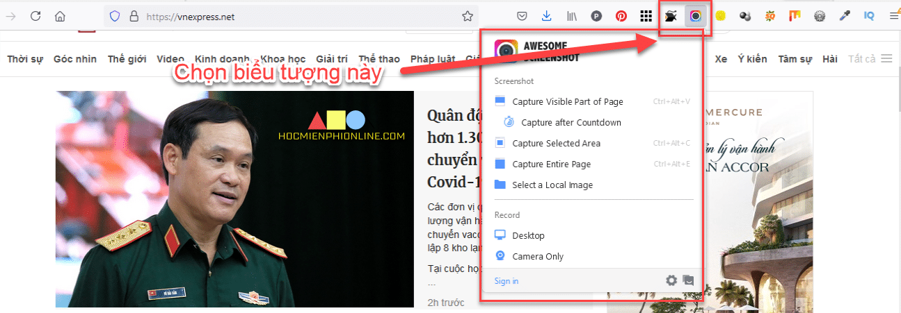 chụp màn hình bằng add-ons trình duyệt