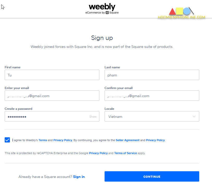 Đăng ký tài khoản weebly.com