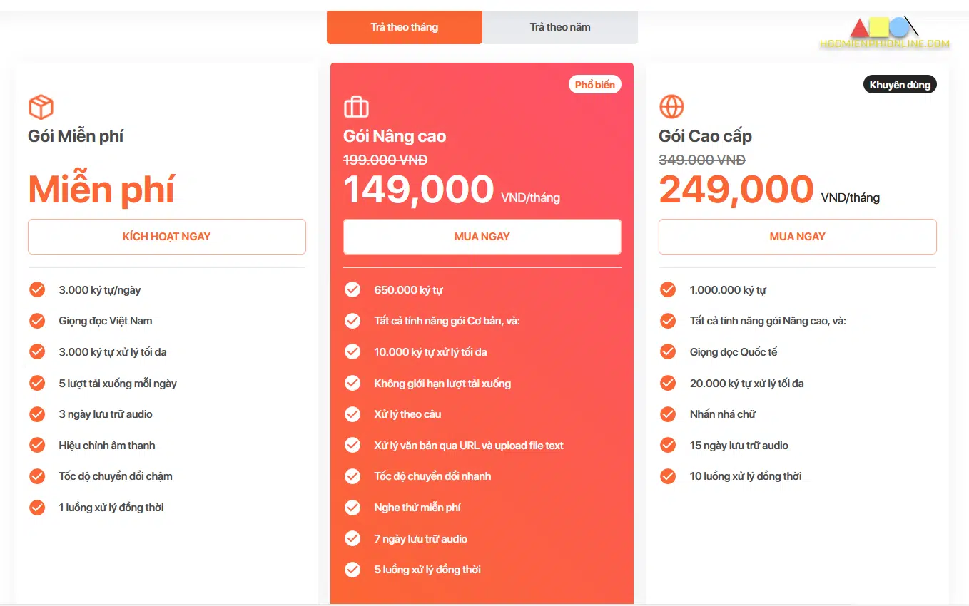 Gói cước trả phí của vbee