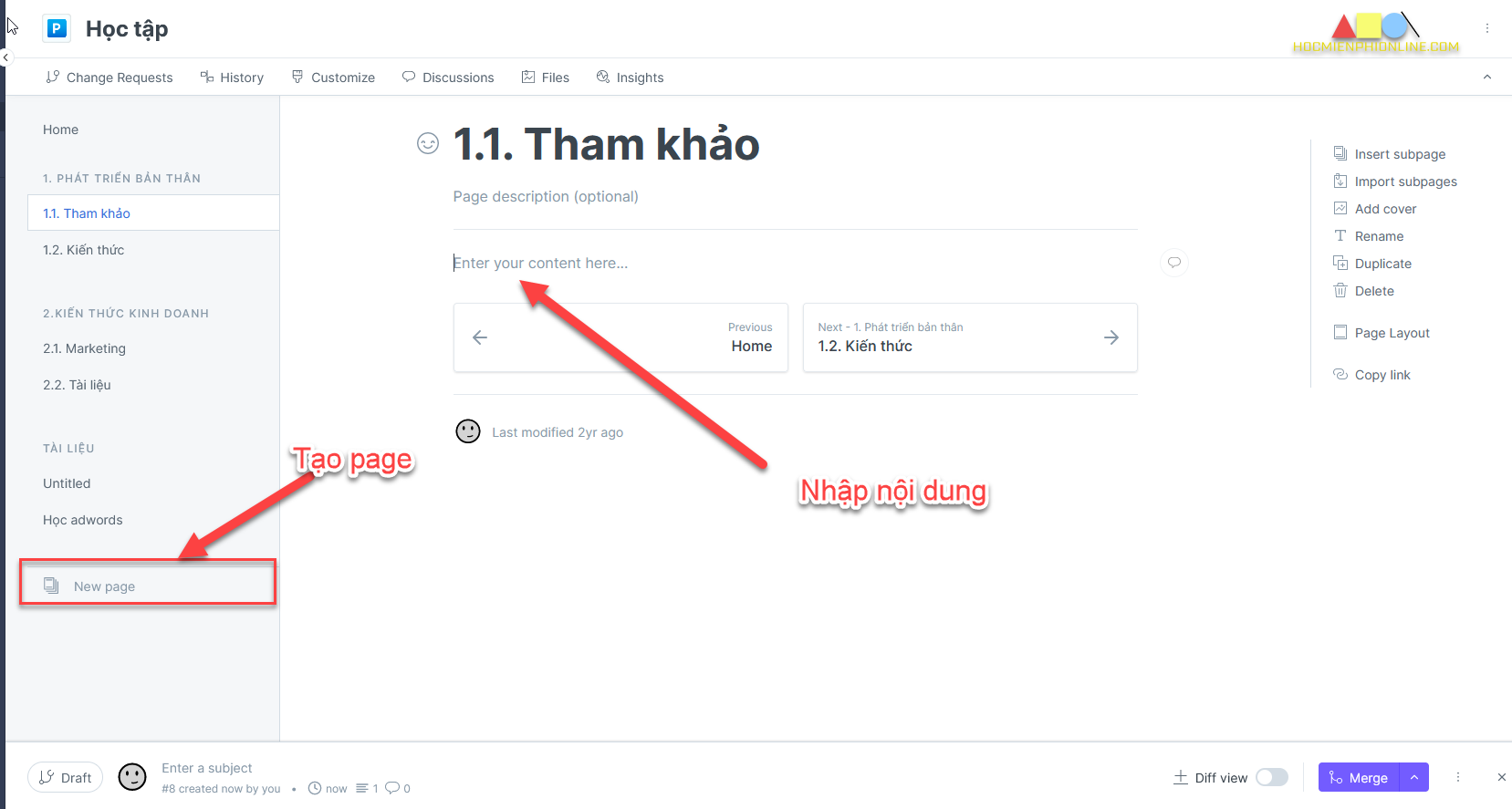 Tạo page nội dung gitbook