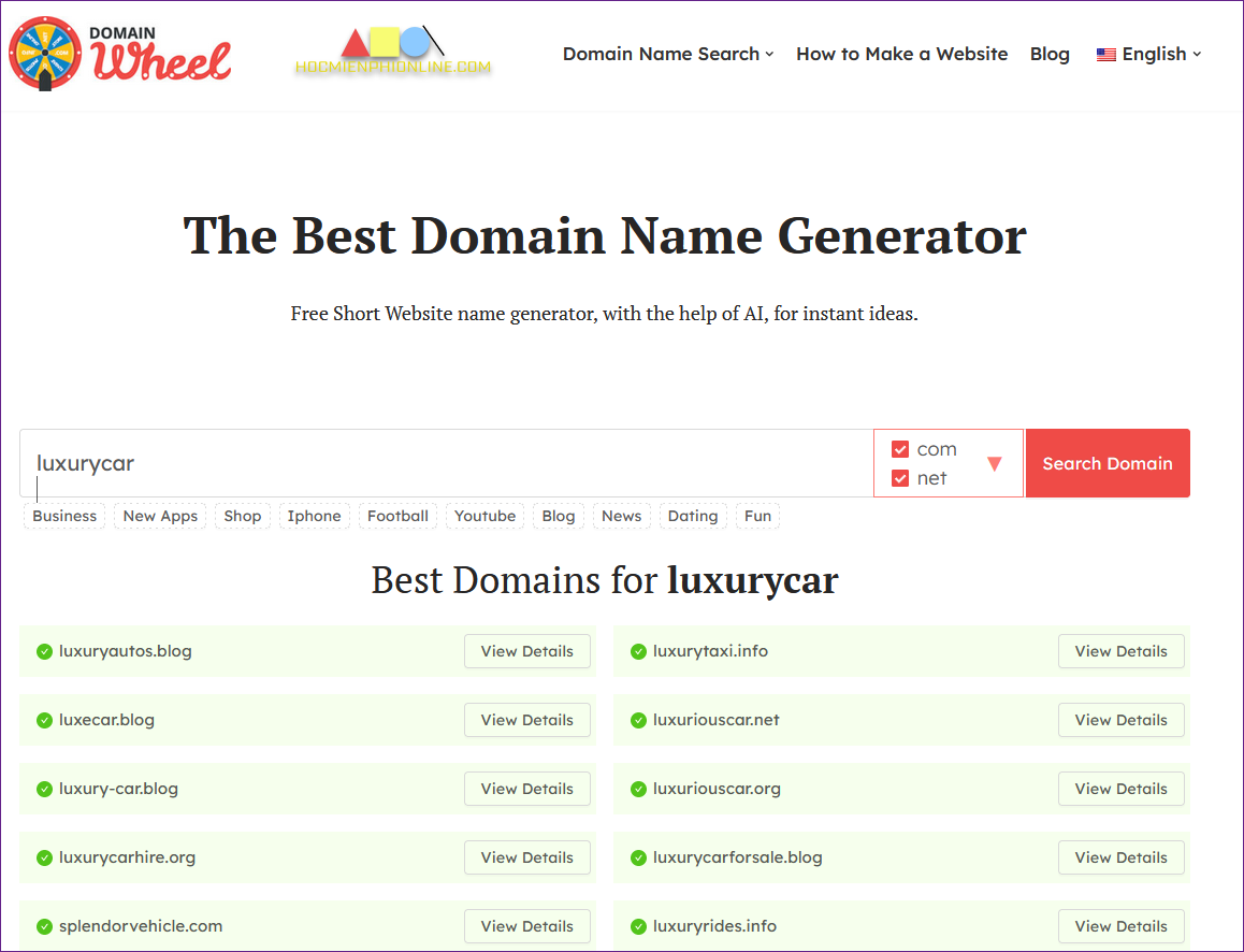 Tìm tên miền với domainwheel.com