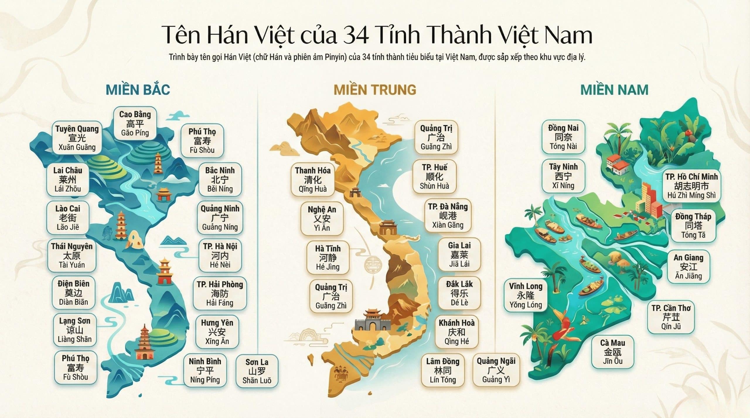 Tên 34 tỉnh thành Việt Nam bằng Tiếng Trung 1